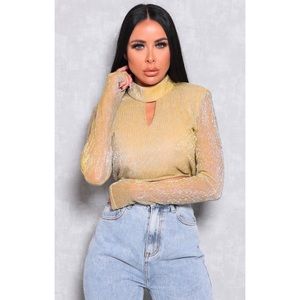 NWT Femme Luxe Yellow Ribbed Metallic High Neck Crop Top size XS